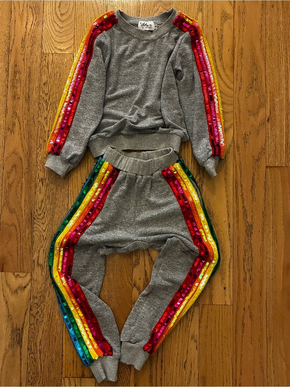 Lola + The Boys Gray Sweatshirt & Joggers with Rainbow Sequin Stripes